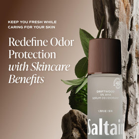 Saltair label close-up highlighting active acids and aluminum-free formula benefits