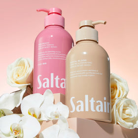 Saltair bottles styled on bathroom counter to show lifestyle and everyday bathroom fit