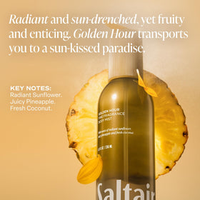 Saltair bottle on a beach scene conveying vacation-inspired scent and escape