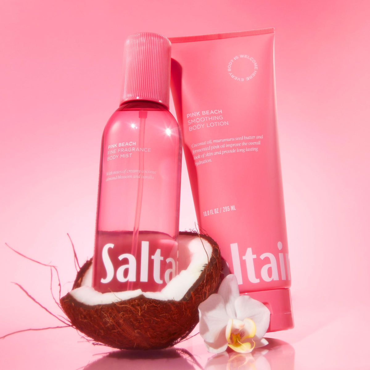 Saltair bottles in a beach tote evoking travel-ready vacation scent