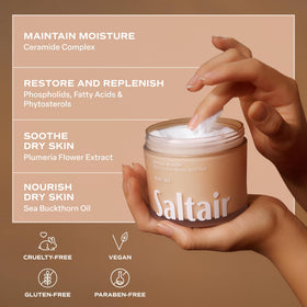 Saltair jar on bathroom shelf in lifestyle scene suggesting daily self-care ritual