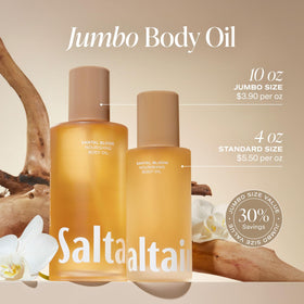 Saltair pump dispensing body oil with drop, demonstrating easy application and precise control