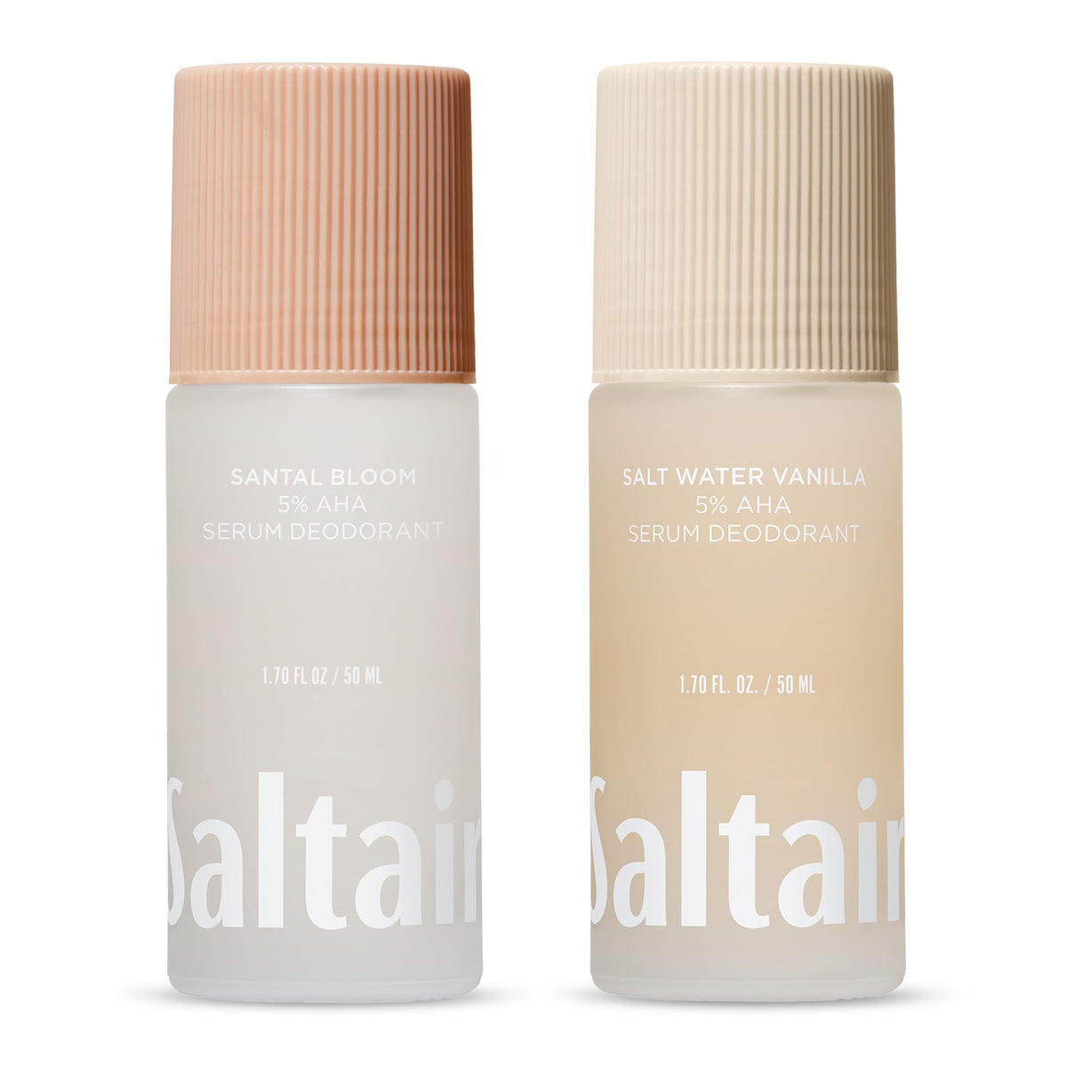 Saltair front packaging of santal coconut duo showing travel roll-ons and skin-smoothing benefit