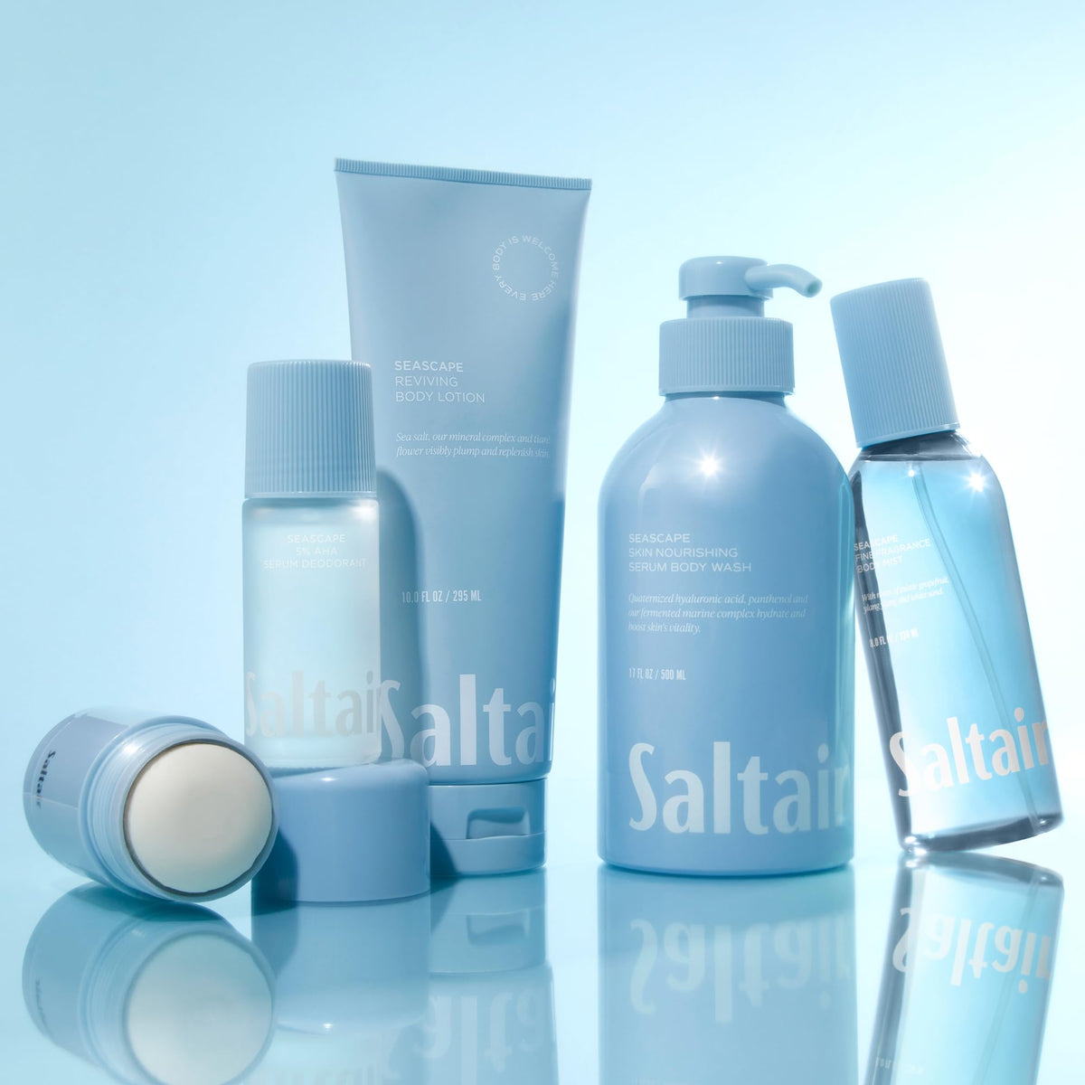 Saltair label closeup showing clean, vegan and cruelty-free benefit