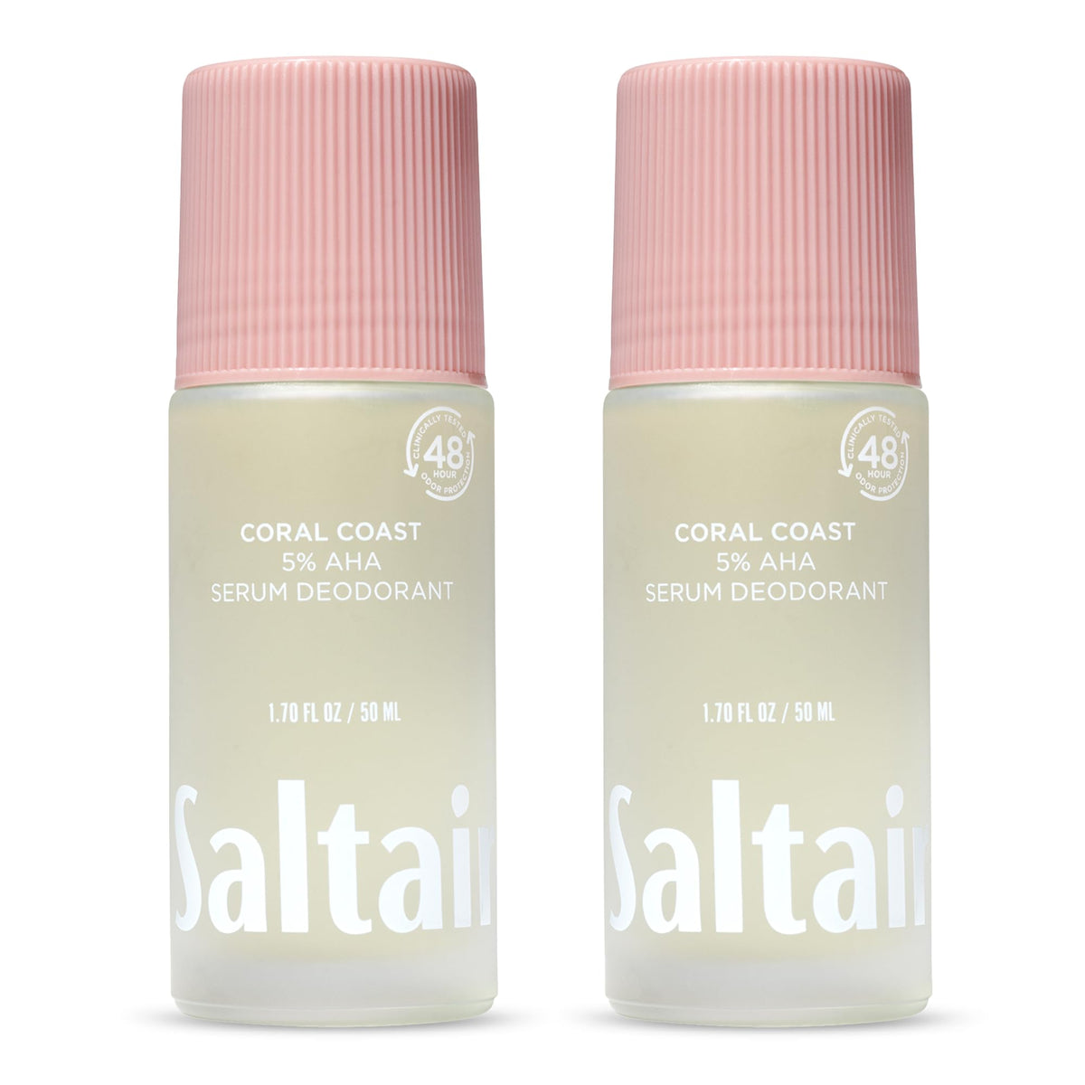Saltair front packaging showing two travel roll-on bottles and Coral Coast scent