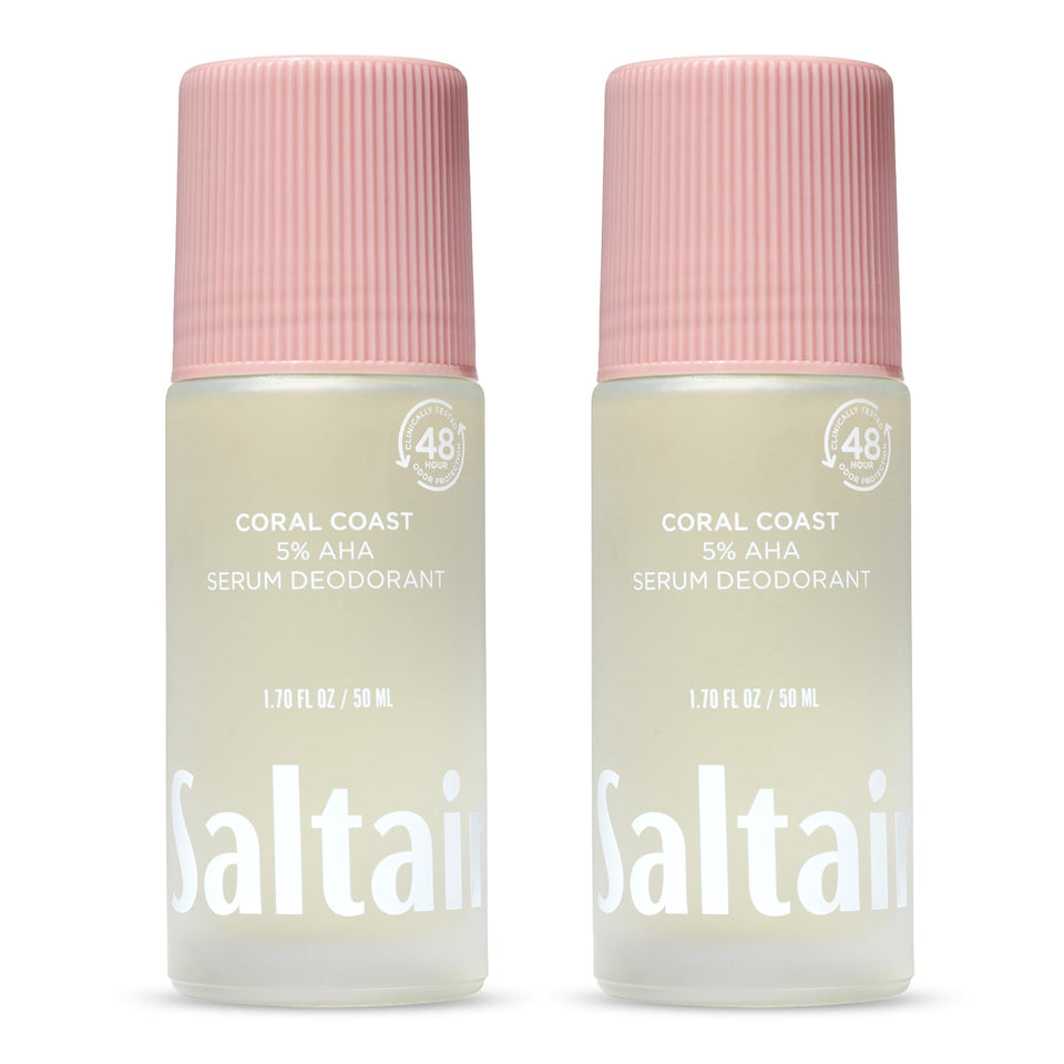 Saltair front packaging showing two travel roll-on bottles and Coral Coast scent