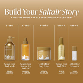 Saltair bottle staged with shells and sunlight for lifestyle mood benefit: tropical scent vibe