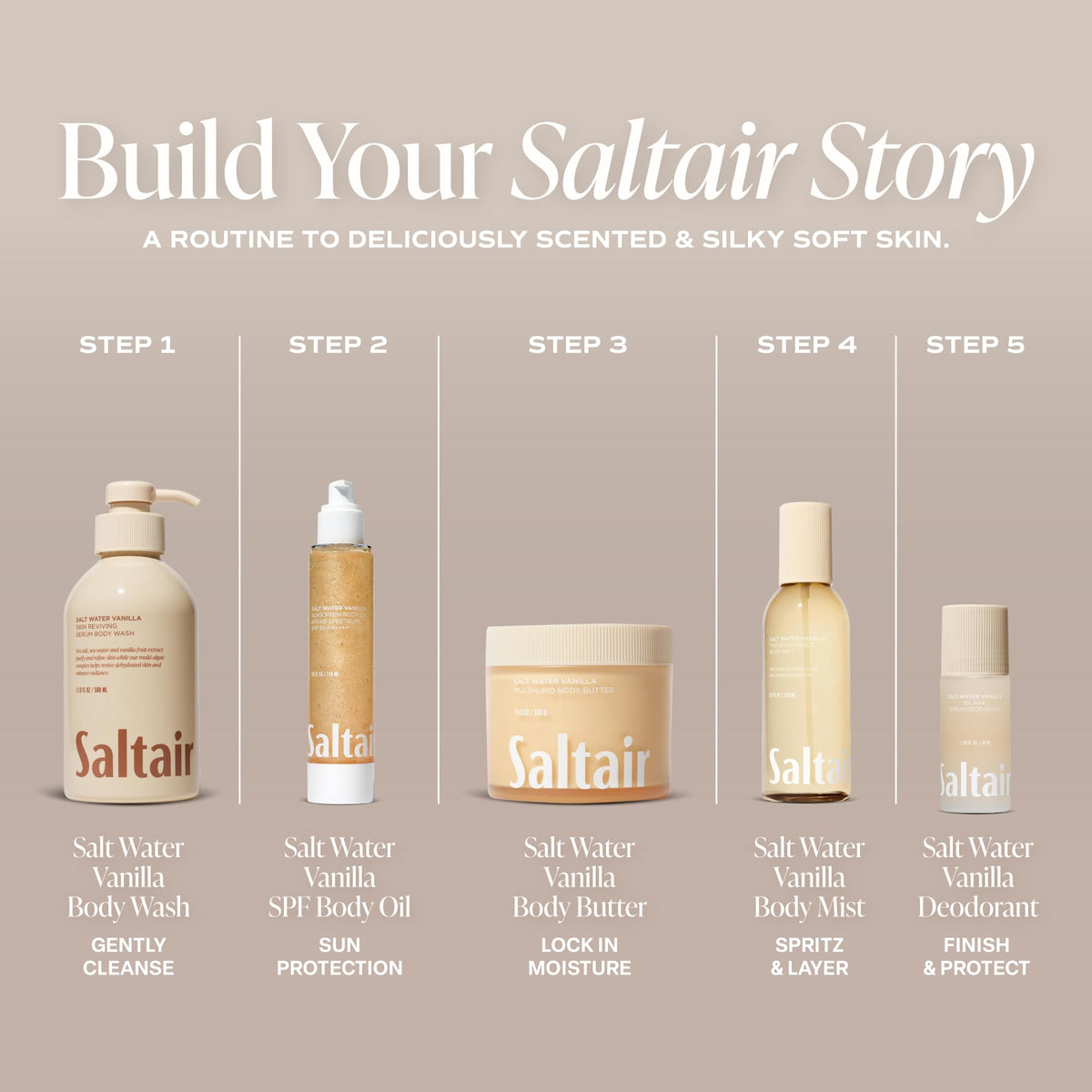 label close-up on Saltair bottle showing SPF 50 PA++++ claims and clean ingredients