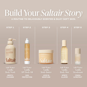 label close-up on Saltair bottle showing SPF 50 PA++++ claims and clean ingredients