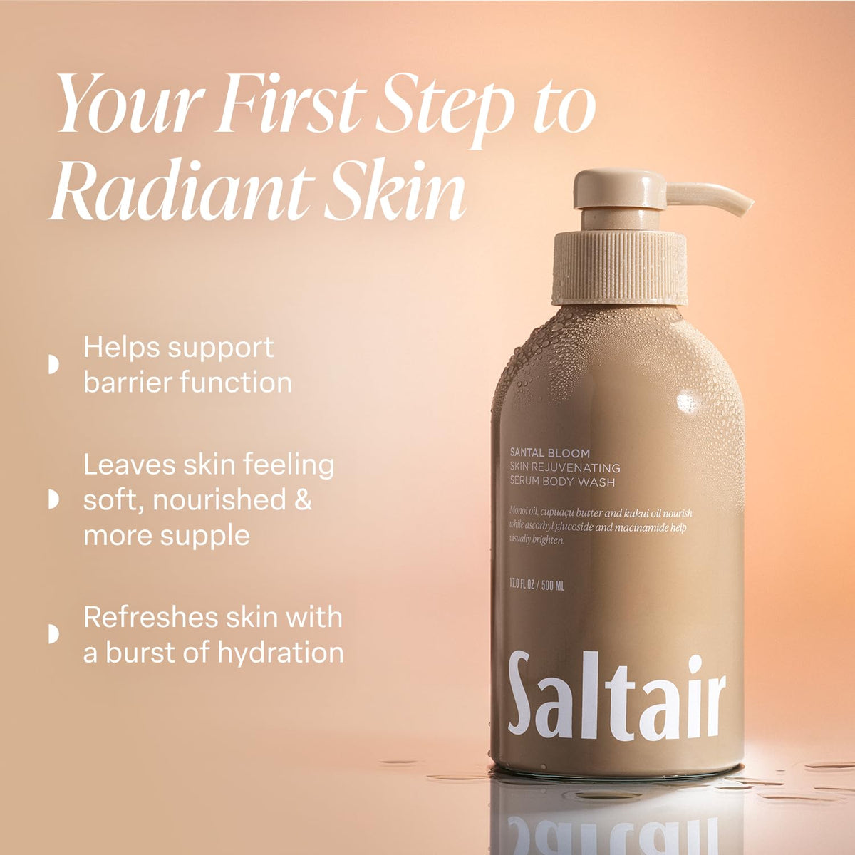 Close-up pump top on Saltair bottle demonstrating easy dispensing and controlled use