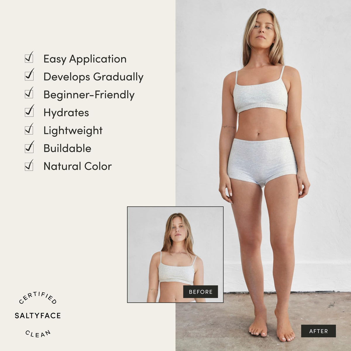 SALTYFACE application on legs demonstrating streak-free, even coverage