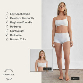 SALTYFACE application on legs demonstrating streak-free, even coverage