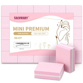 SALVMARY front packaging showing 50 pink mini buffer blocks and benefits