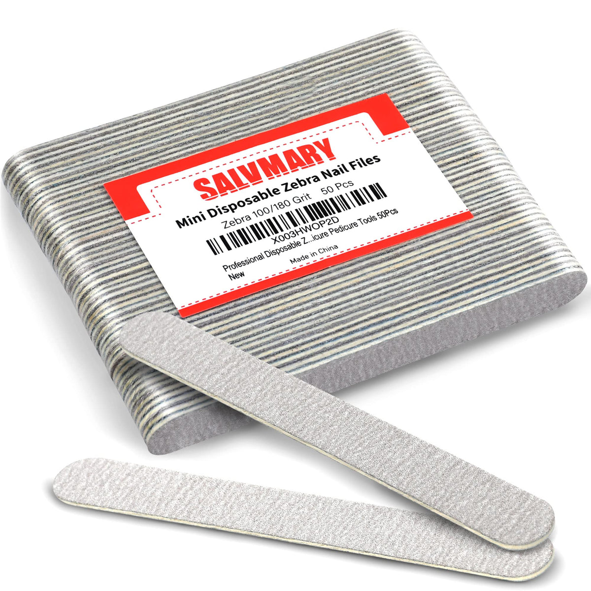 SALVMARY front pack view showing 50 disposable zebra nail files for easy storage and use