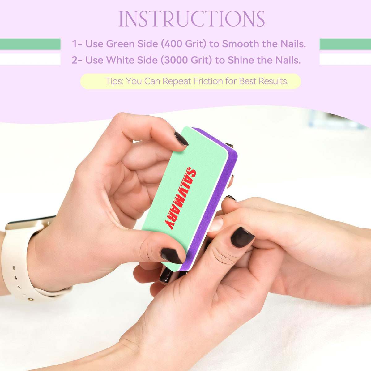 SALVMARY polishing action on a natural nail delivering quick visible shine