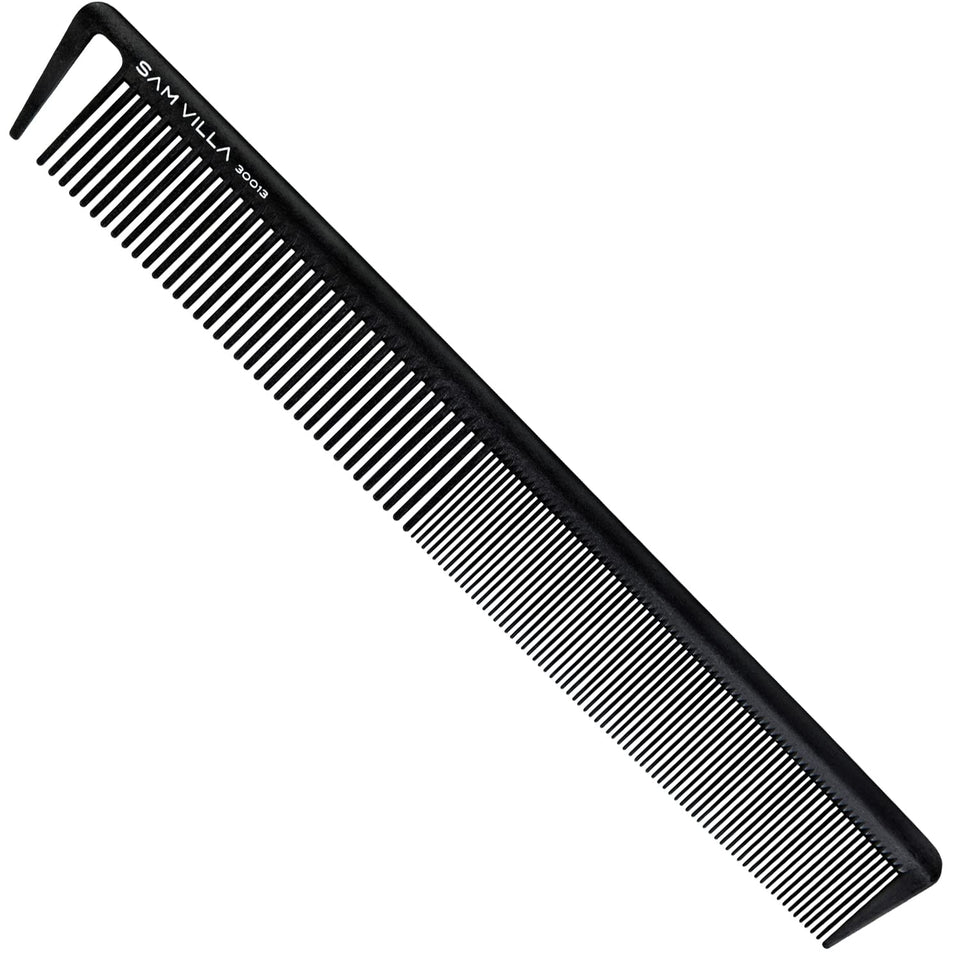 Sam Villa front view of long cutting comb showcasing sleek silhouette and glide benefit