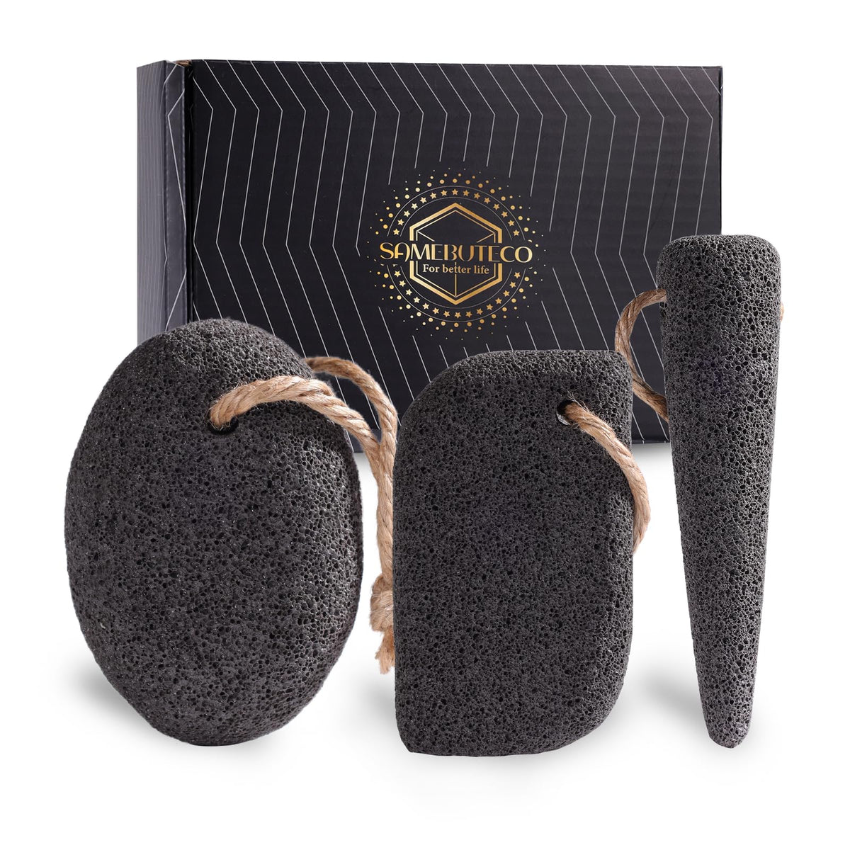 SAMEBUTECO front packaging showing three pumice stones and kraft gift box for neat storage