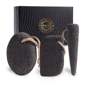 SAMEBUTECO front packaging showing three pumice stones and kraft gift box for neat storage