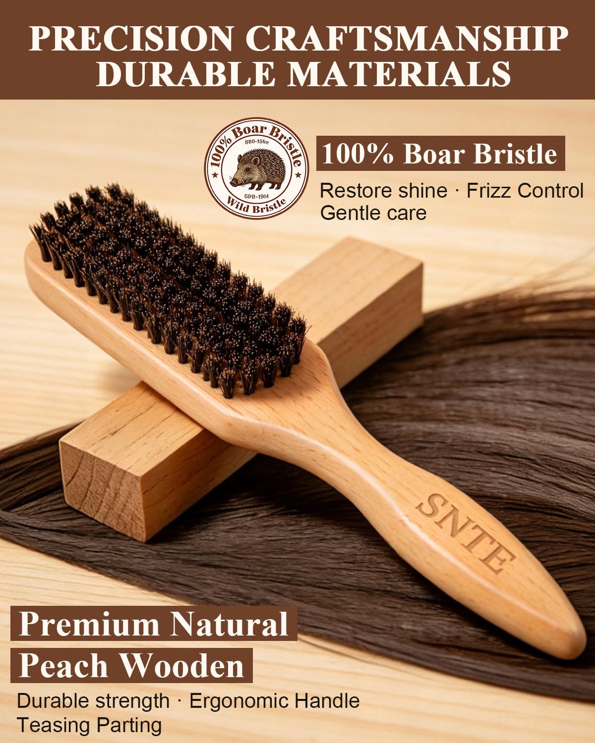 Samnyte close-up of 100% boar bristles displaying smooth polish and frizz control