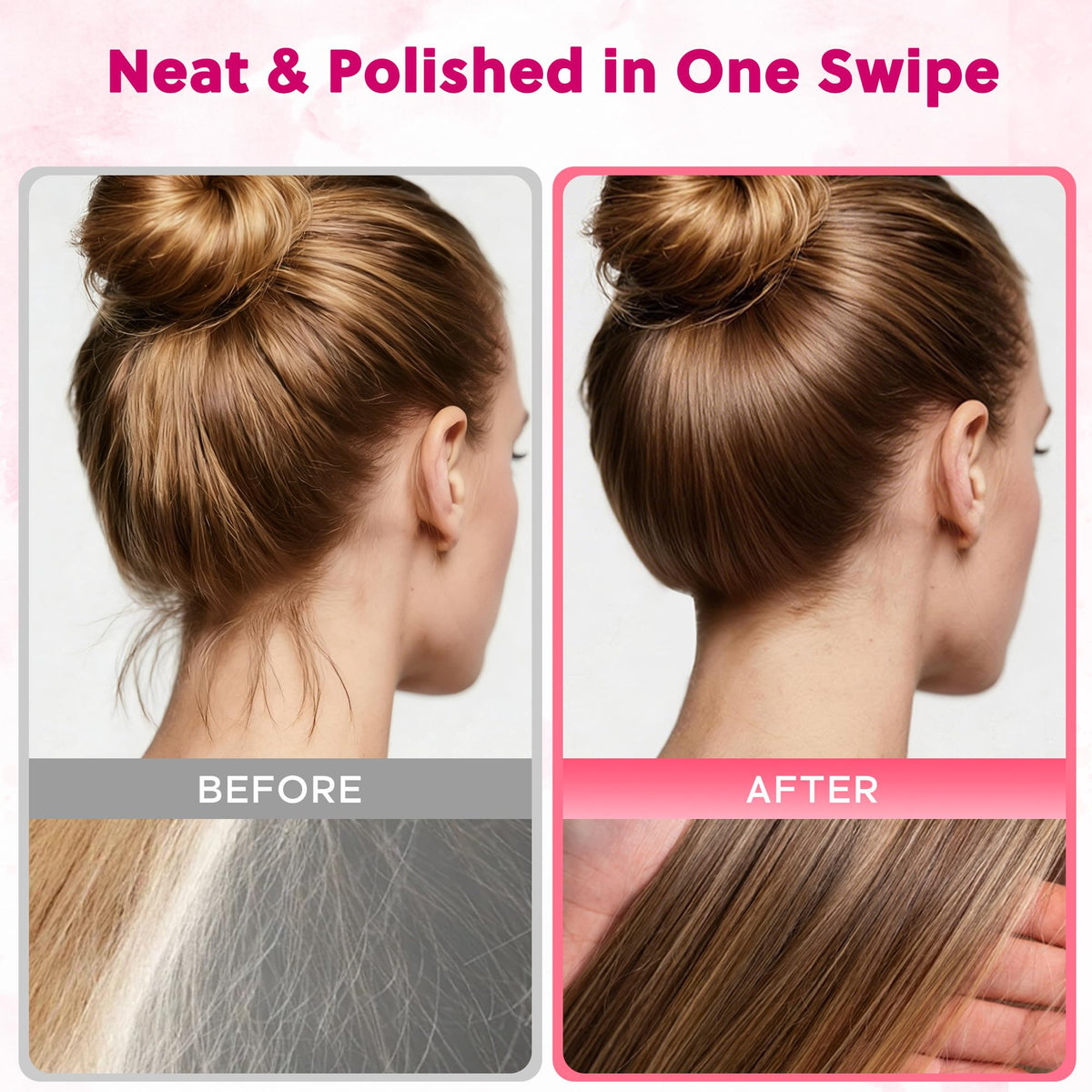 Samnyte in-hand application taming flyaways for polished look