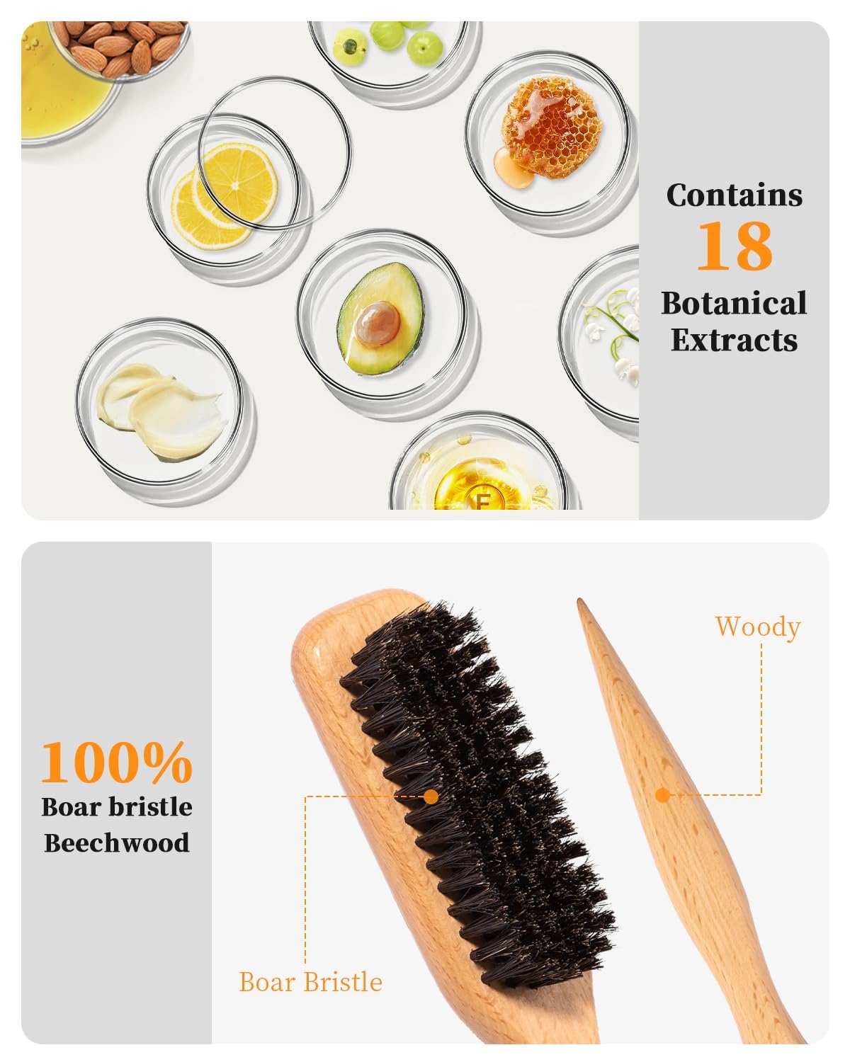 Flatlay of Samnyte styling kit with brush and wax stick illustrating complete grooming set