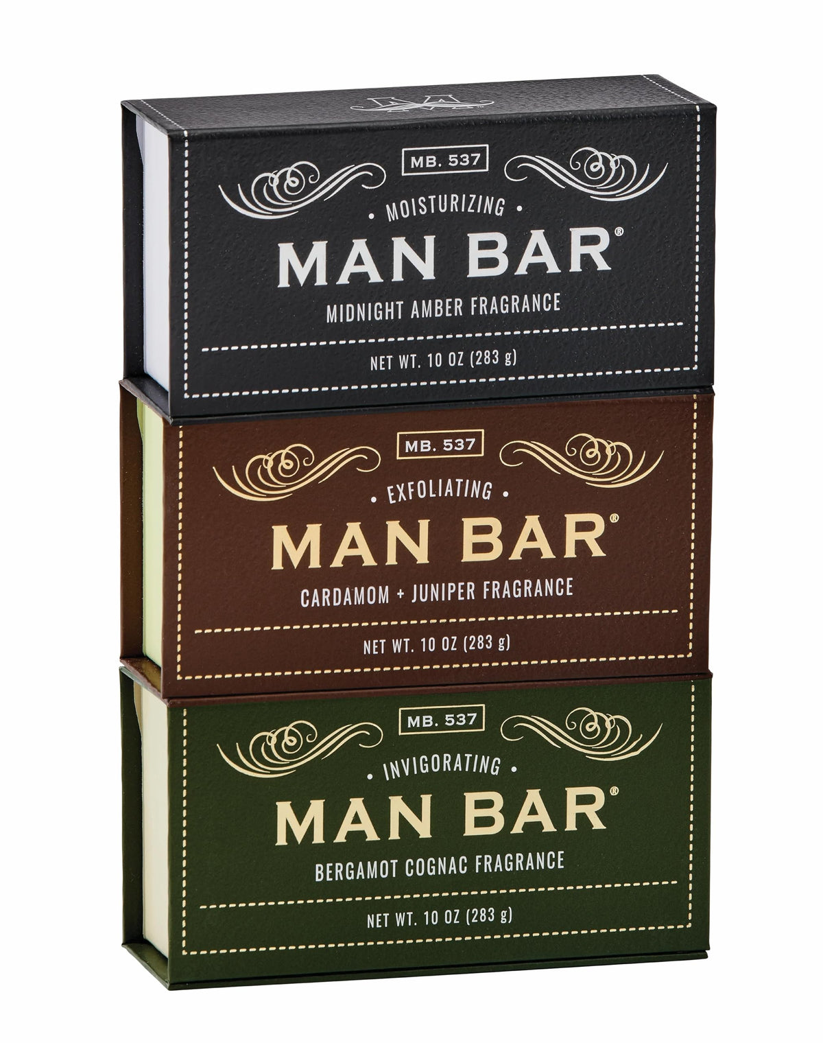 San Francisco Soap Company front packaging showing three man bar soaps, gift-ready appeal
