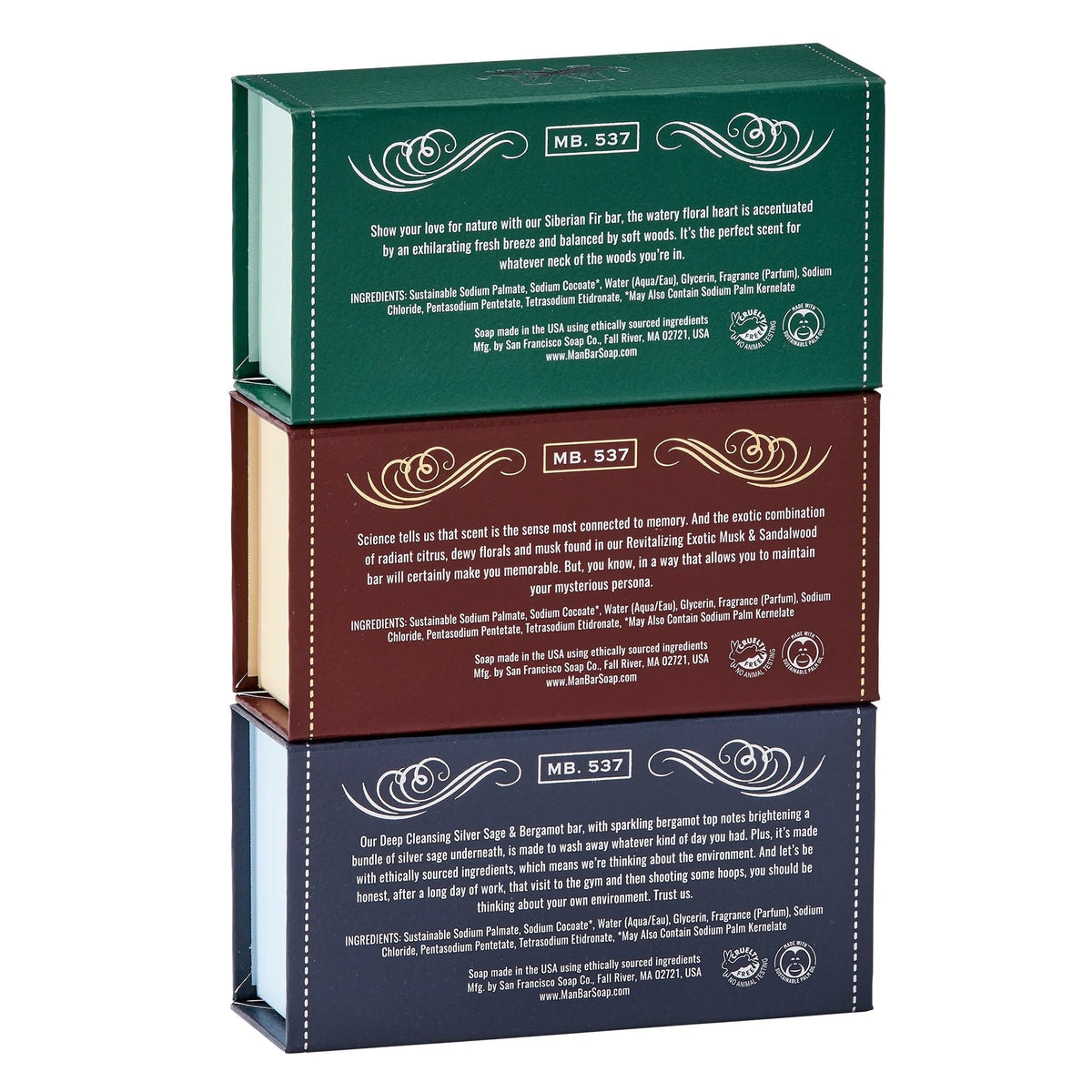 San Francisco Soap Company three Man Bar soaps arranged to show variety and easy selection