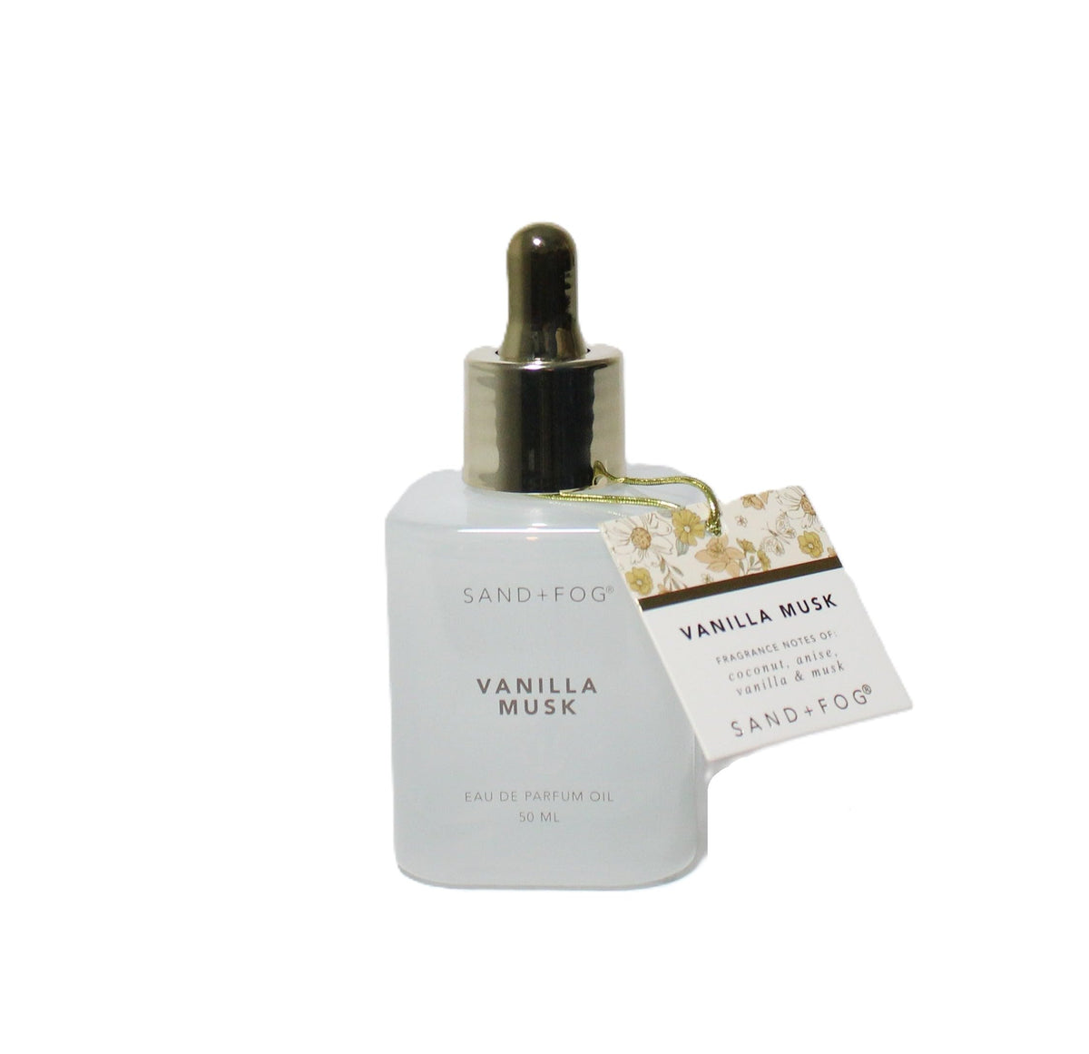 Sand + Fog front bottle view showing label and dropper, elegant everyday scent benefit