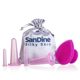 SanDine Silky Skin front view of pink facial cupping kit showing contents and benefits