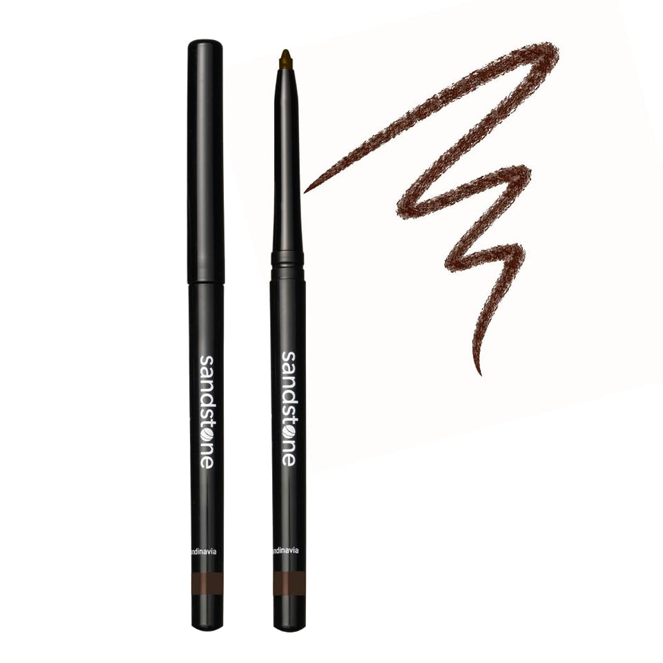 Sandstone Scandinavia pencil front view showing slim brown liner and benefit of precise application