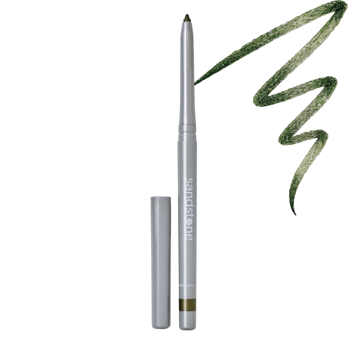 Sandstone Scandinavia eyeliner pencil front view showing sleek packaging and metallic green finish benefit