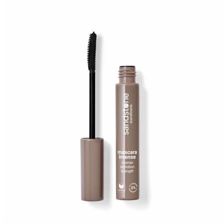 Sandstone Scandinavia mascara front packaging showing sleek tube and black finish for gentle wear