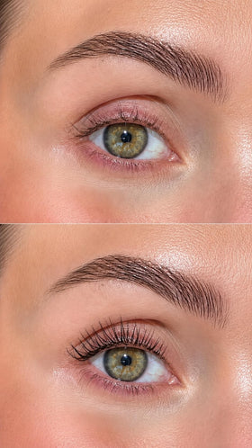 Sandstone Scandinavia mascara beside a lipstick showing compact travel-friendly size