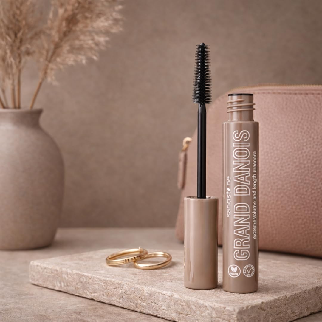 Sandstone Scandinavia mascara tubes in black and brown illustrating packaging variation