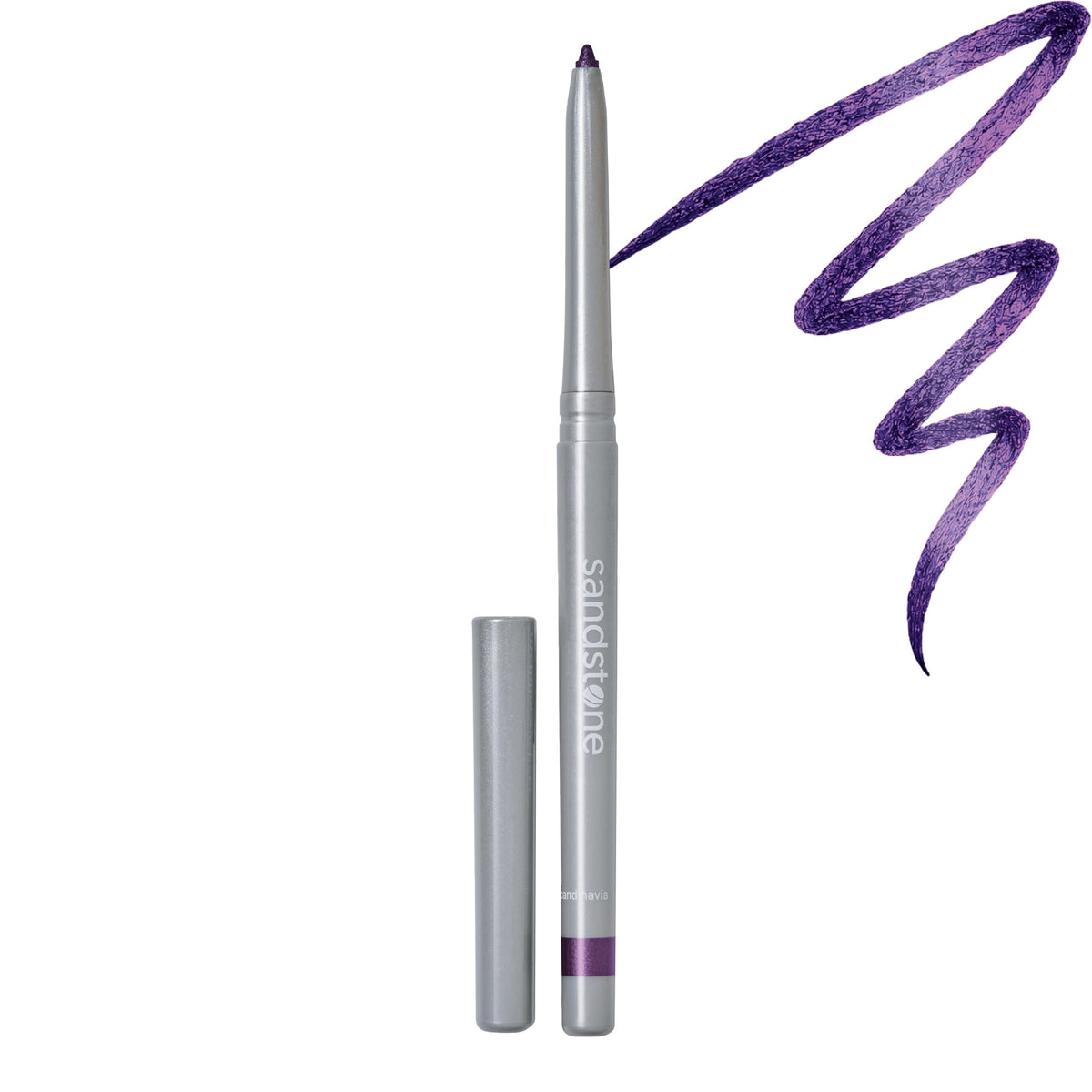 Sandstone Scandinavia purple eyeliner front view showing slim pencil and cap, easy application