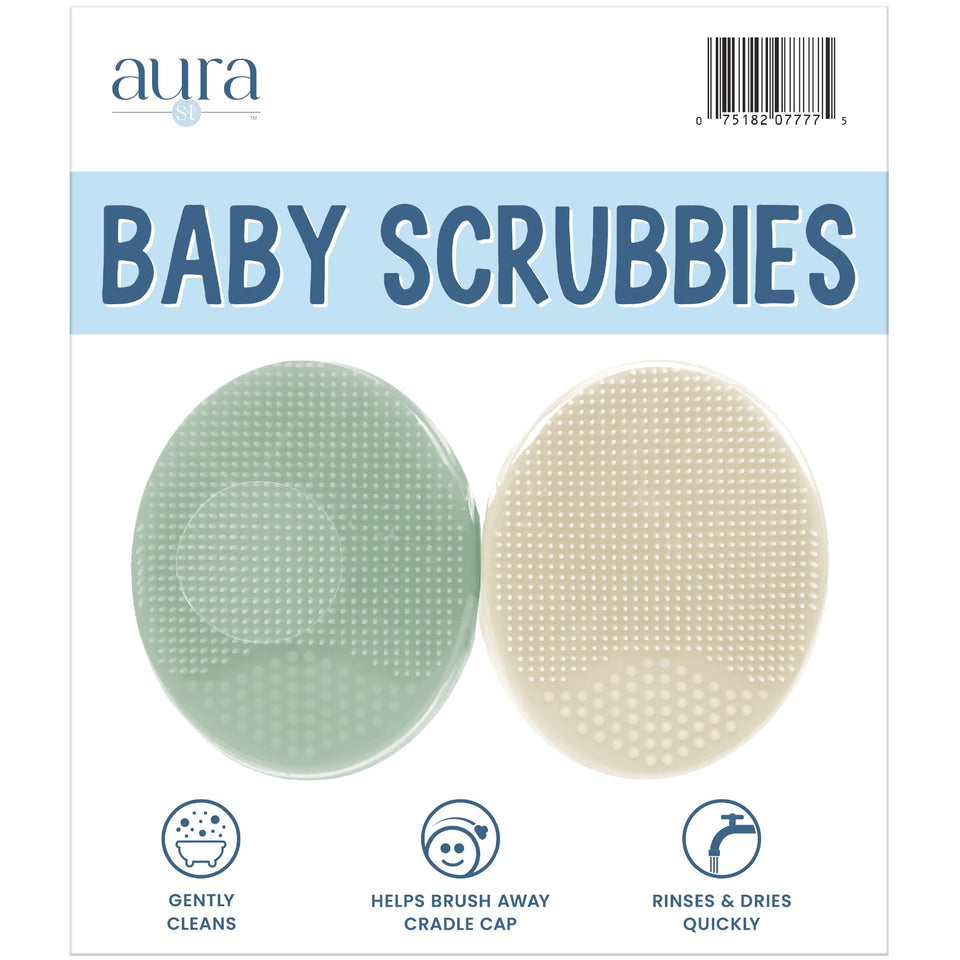 S&T INC. front view of sage and cream baby scrubby set, convenient bathing tool