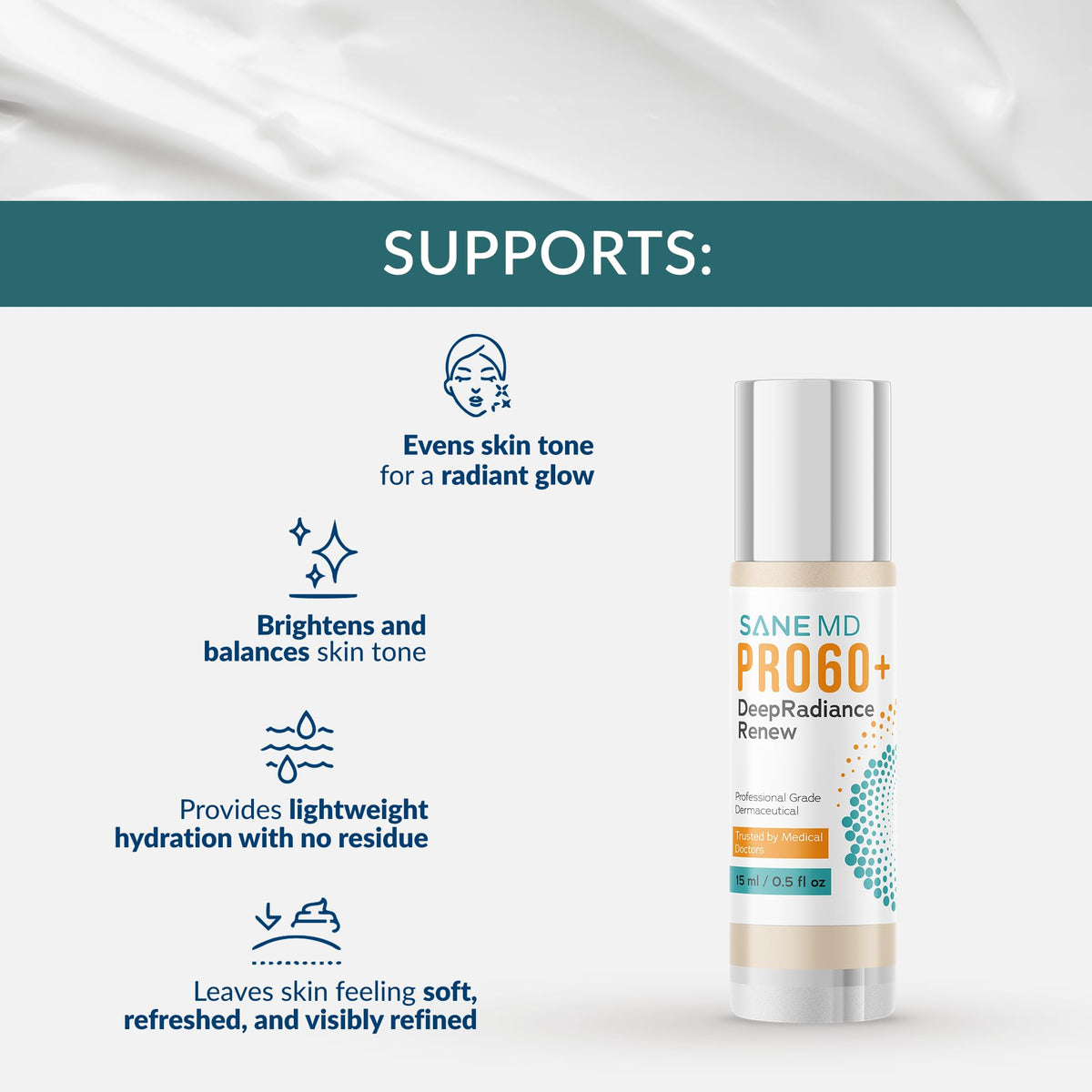 SANE MD PRO60+ cream texture close-up demonstrating lightweight, fast-absorbing finish