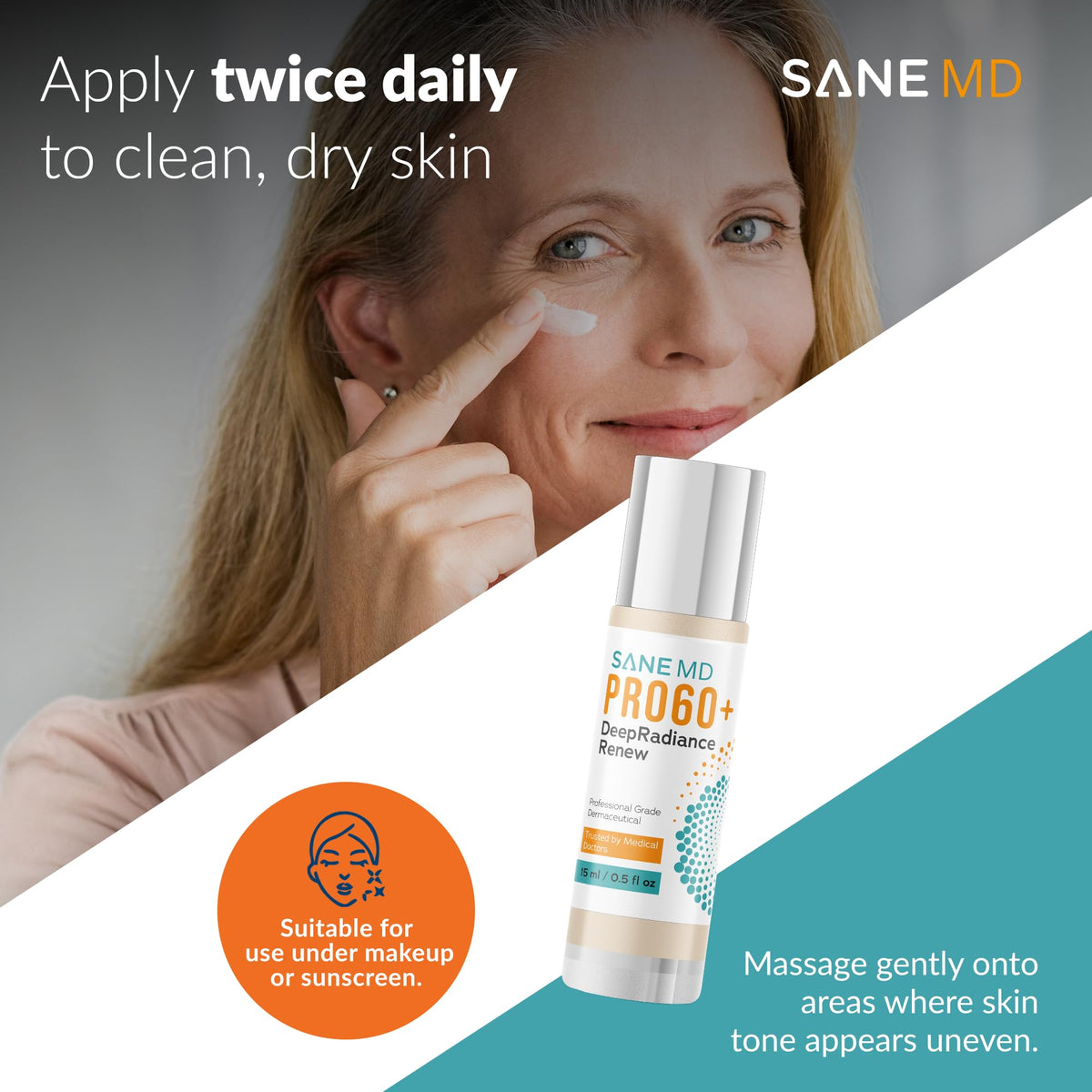 SANE MD PRO60+ before and after mockup illustrating improved tone visibility when used consistently