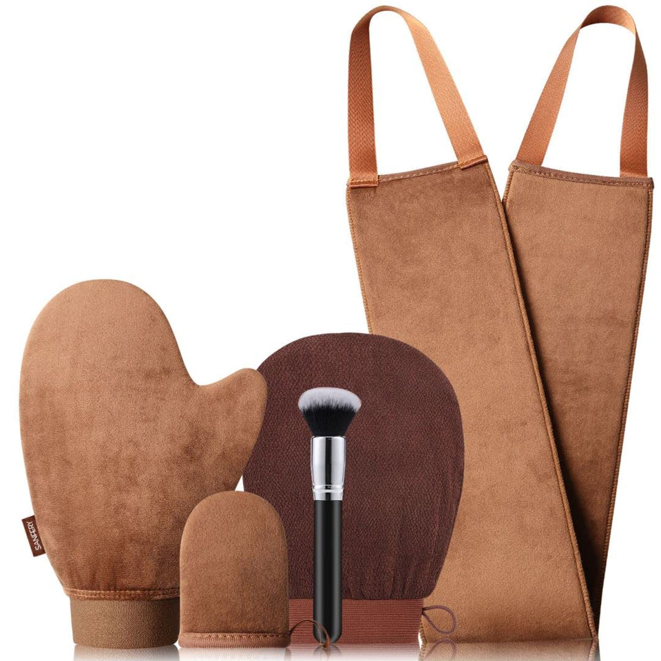 Sanfery front packaging showing kit contents for consistent at-home tanning