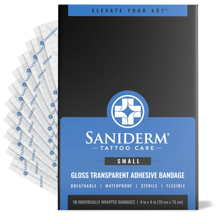 Saniderm front packaging showing 10 sterile 4x4 sheets and benefits