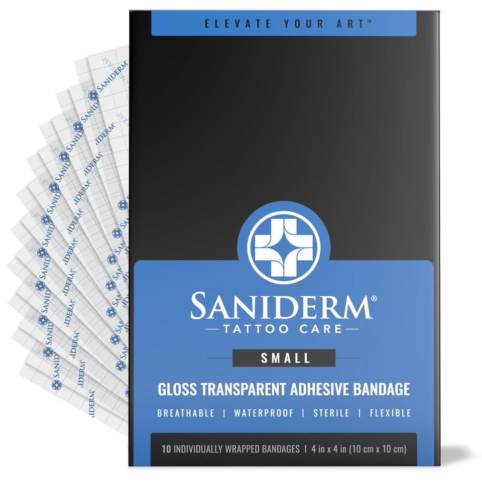Saniderm front packaging showing 10 sterile 4x4 sheets and benefits