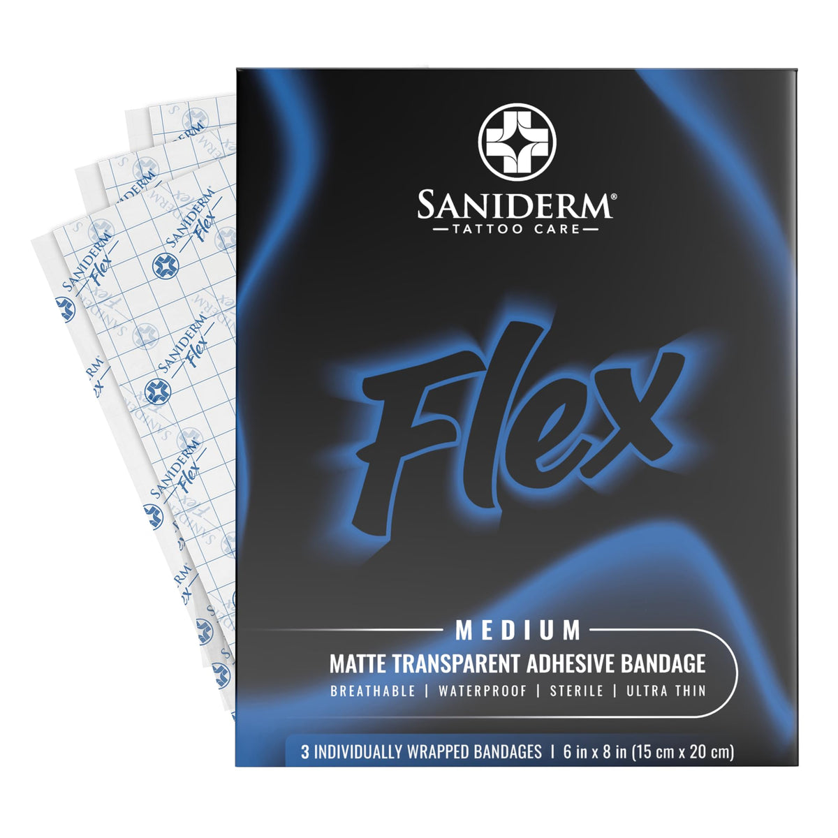 Saniderm Flex front packaging showing three 6x8 sheets and sterile seal benefits
