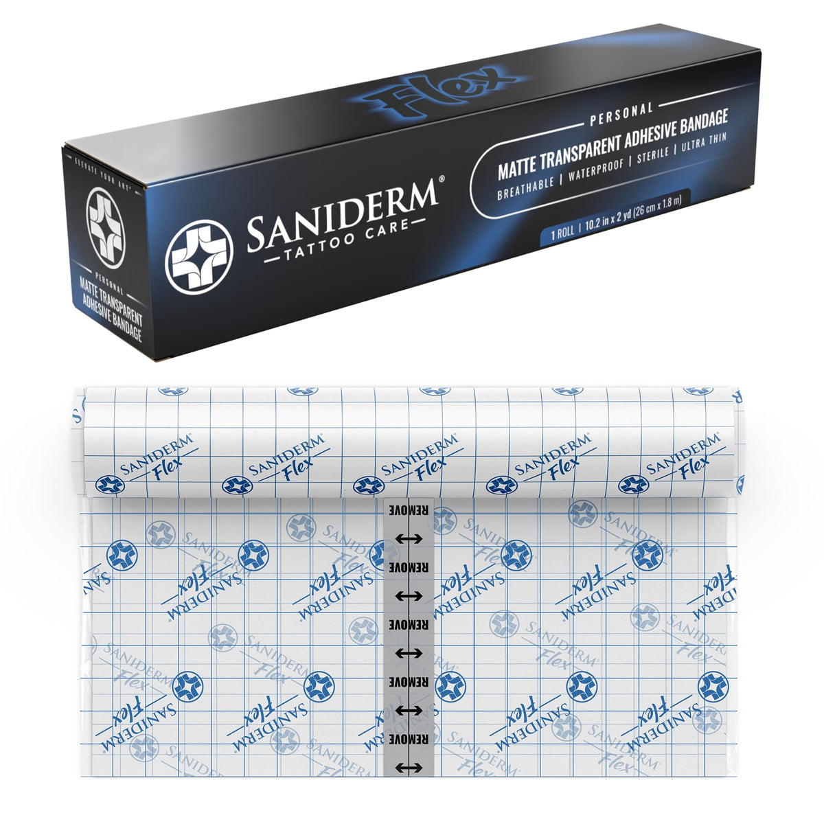 Saniderm Flex personal roll front view showing product and label benefit