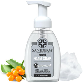 Saniderm front packaging showing bottle and branding, gentle cleansing benefit
