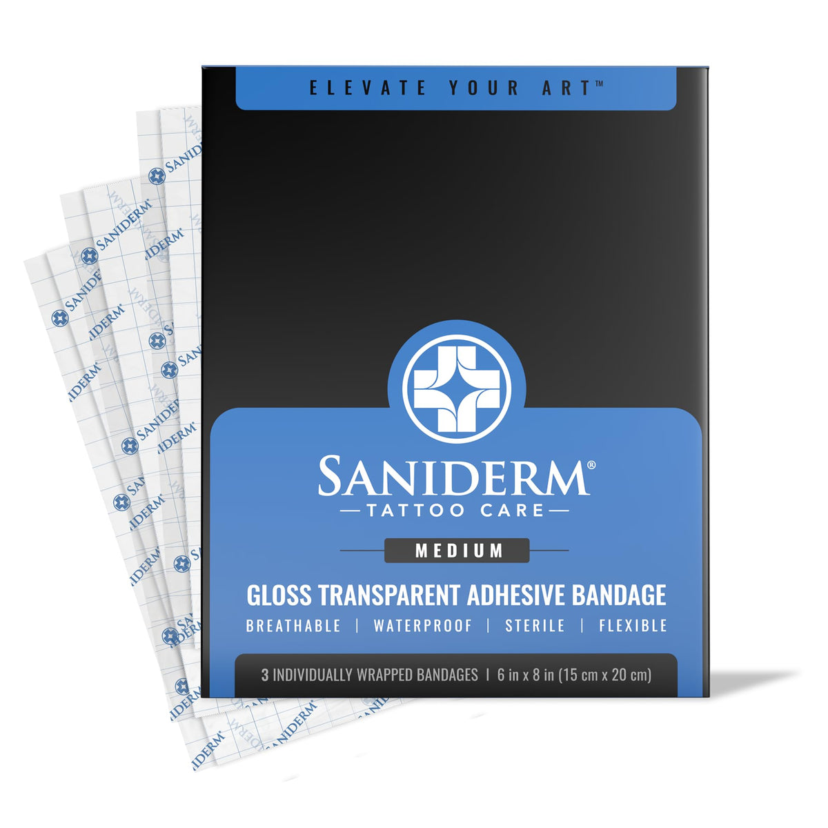 Saniderm front packaging showing three medium sterile sheets and brand