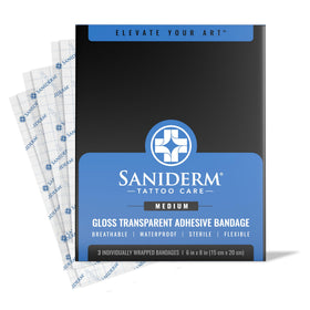 Saniderm front packaging showing three medium sterile sheets and brand