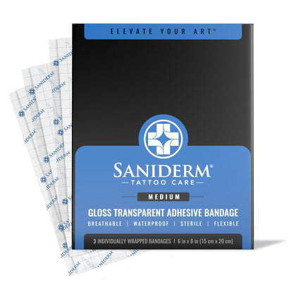 Saniderm front packaging showing three medium sterile sheets and brand