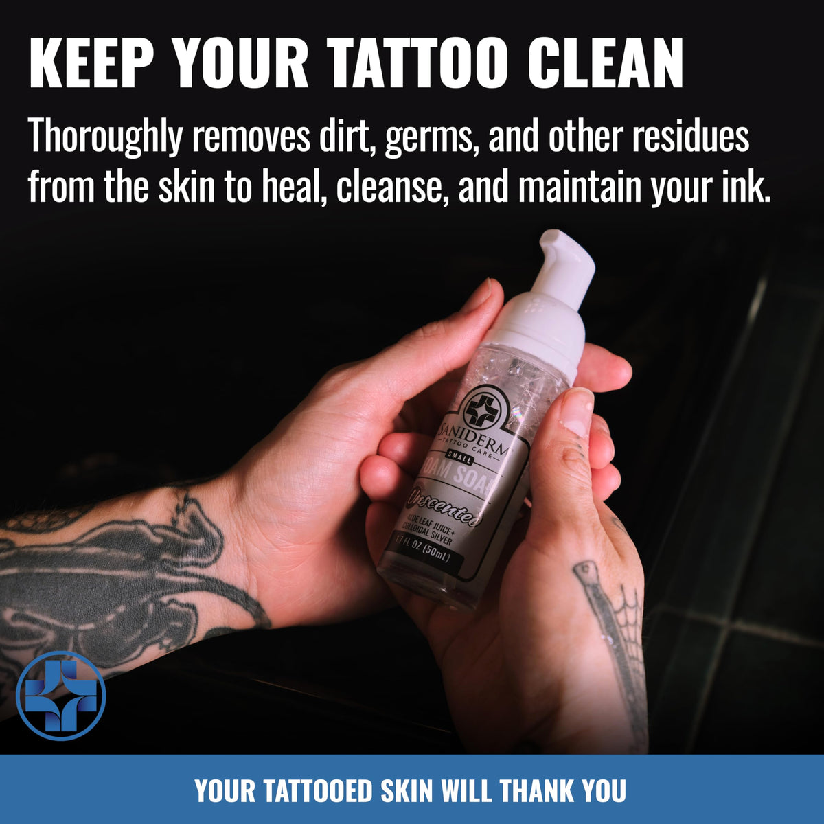 Saniderm being used to wash a tattoo, promoting clean comfortable skin