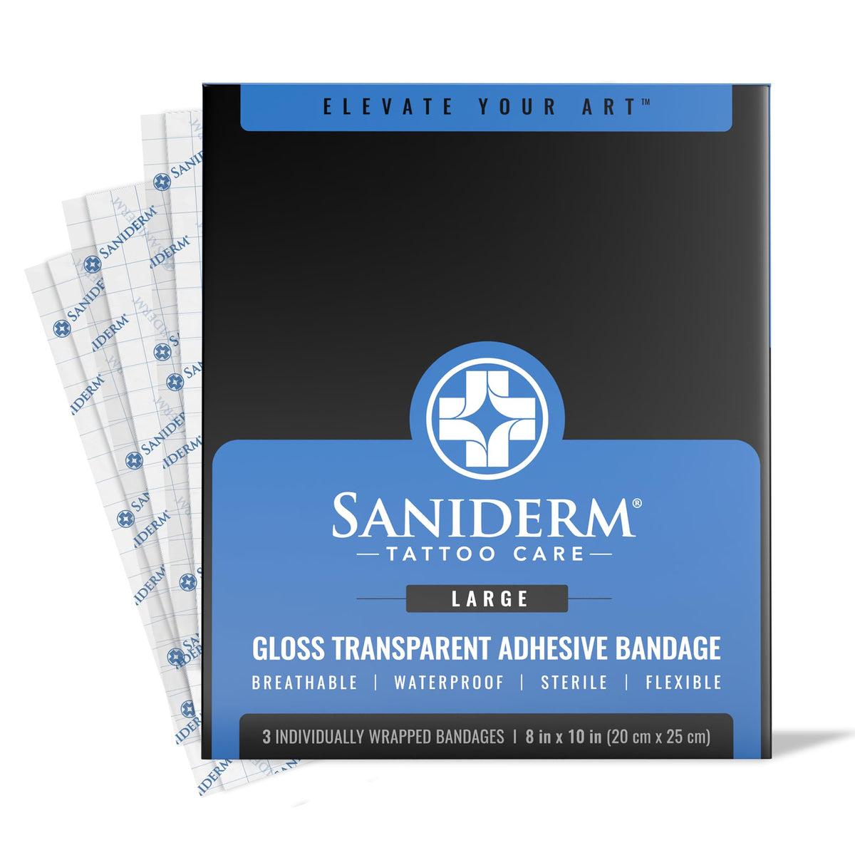Saniderm front packaging showing large sterile bandage and benefits