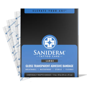 Saniderm front packaging showing large sterile bandage and benefits